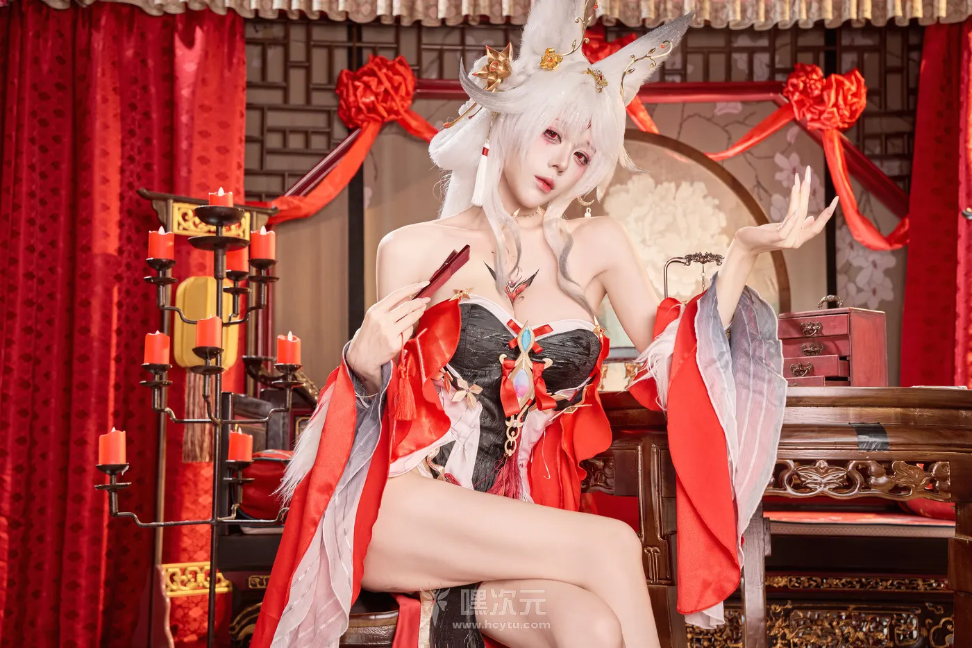 九言(阿九从不咕咕) 心月狐 银白狐耳赤红缎带碰撞视觉 写真集 - 九言(阿九从不咕咕) 精彩瞬间 01